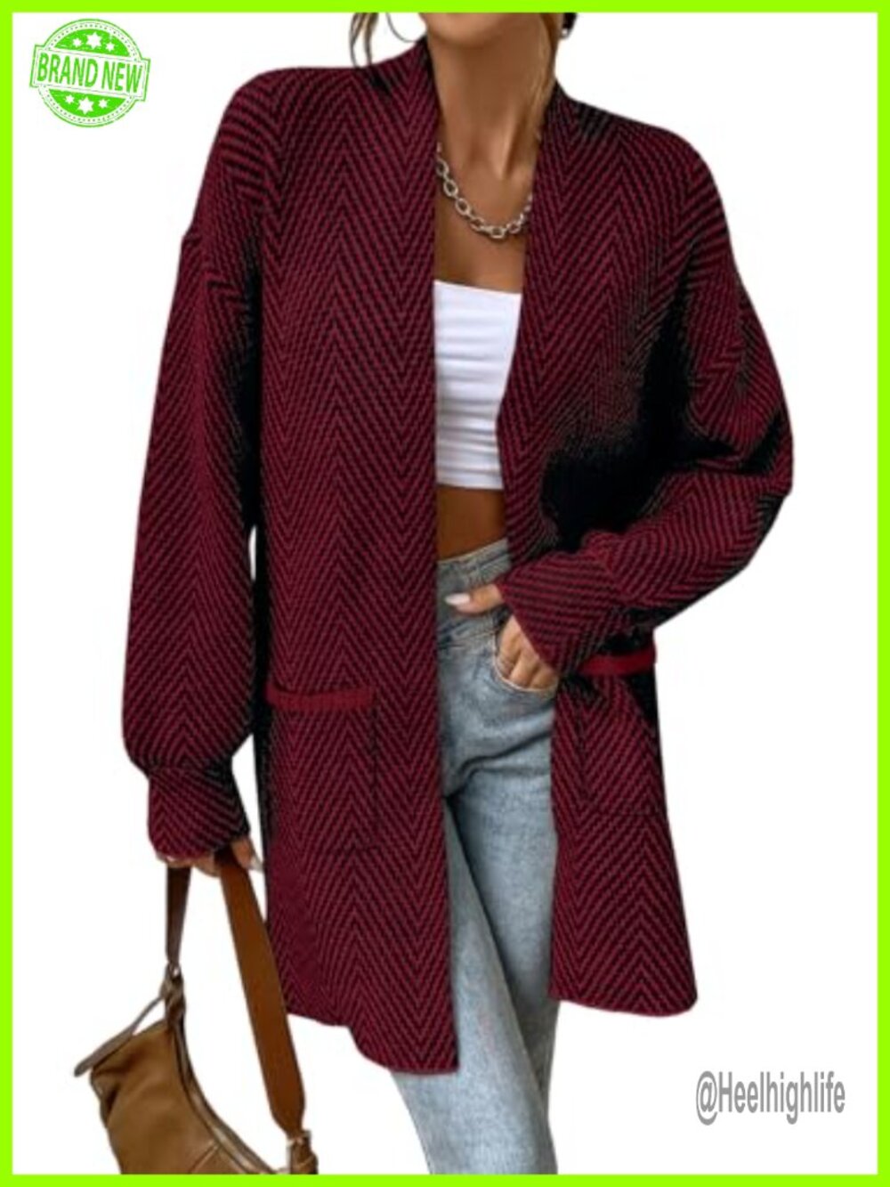 Chevron Open Front Cardigan Sweater Womens Acrylic Long Sleeve Fall Layering